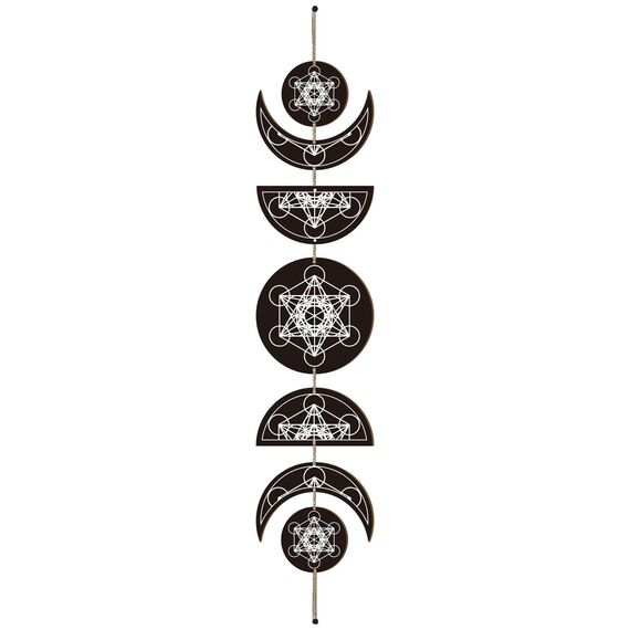 CREATCABIN 7 Stück Mondphasen-Wandbehang Boho-Dekor Holzwandkunst Hexendekor Rustikales Schwarzes Holz Bauernhausschild Dekorativ Für Schlafzimmer Yoga Apartment Bar Wohnzimmer 72.5x16cm Geometrisch