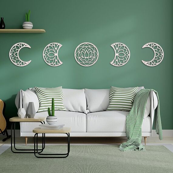AHANDMAKER 5 x Mondphasen-Wanddekoration, Holzmondphase, Bohemian-Wandkunst, Dekor für Wohnzimmer, Lotusmond-Phase, Wandbehang, Schlafzimmer-Dekor, Heimwanddekoration, mit Lotus-Muster, Burlywood