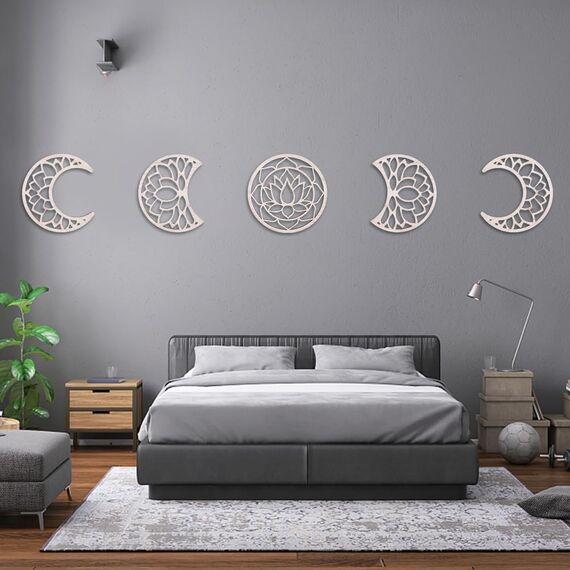 AHANDMAKER 5 x Mondphasen-Wanddekoration, Holzmondphase, Bohemian-Wandkunst, Dekor für Wohnzimmer, Lotusmond-Phase, Wandbehang, Schlafzimmer-Dekor, Heimwanddekoration, mit Lotus-Muster, Burlywood