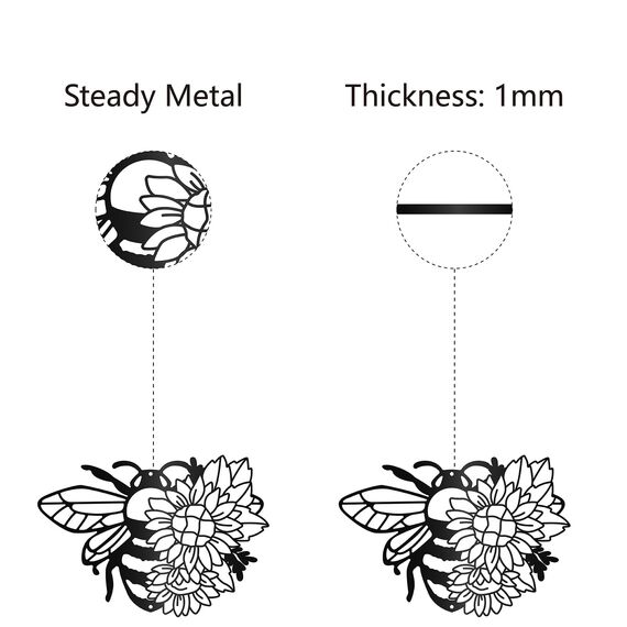 CREATCABIN Bienen Metall Wandkunst Dekor Sonnenblume Skulptur Wandbehang Dekoration Schild Eisen Umriss Wandkunst Schwarz Rustikales Dekor Ornament Wand Für Innen Außen Wohnzimmer Home Office 30x23cm