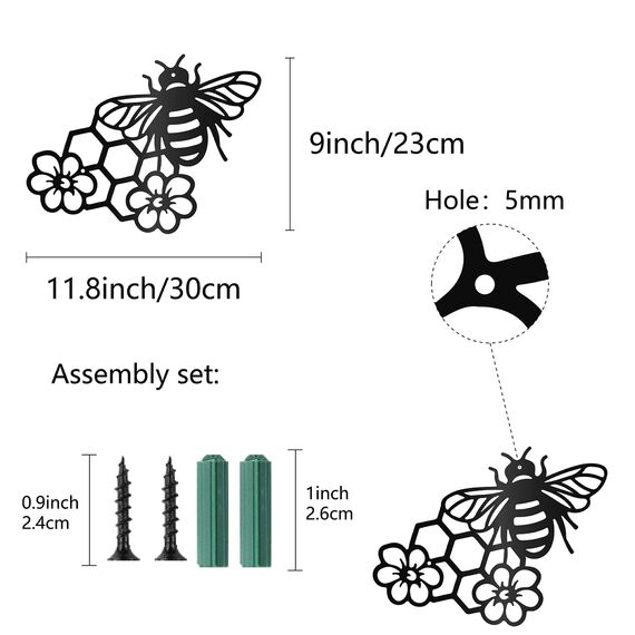 CREATCABIN Bienen Metall-Wandkunst-Dekor,Schwarzer Honig,Wandbehang,Ornament,Eisendraht,Wandkunst,Blumenskulptur,Dekoration,Schild,Minimalistische Wanddekoration Für Bauernhaus,Schlafzimmer,30x23cm