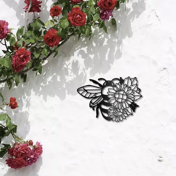 CREATCABIN Bienen Metall Wandkunst Dekor Sonnenblume Skulptur Wandbehang Dekoration Schild Eisen Umriss Wandkunst Schwarz Rustikales Dekor Ornament Wand Für Innen Außen Wohnzimmer Home Office 30x23cm