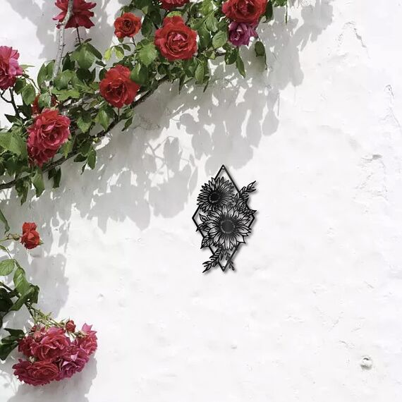 CREATCABIN Sonnenblumen-Wanddekoration Schwarzes Metall Wandkunst Blume Rustikales Schild Hängende Skulptur Für Zuhause Drinnen Draußen Bauernhaus Badezimmer Wohnzimmer Büro Garten Küche 30x18cm