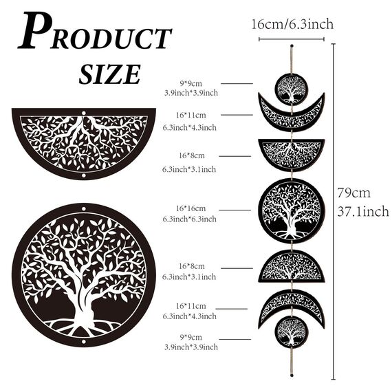 CREATCABIN 7pcs Fasi Lunari Appeso A Parete Boho Decor Arte Della Parete In Legno Decorazione Witchy Segni Del Ciclo Lunare In Legno Nero Gotico Moderno Segno Appeso Decorazione per 72.5x16cm