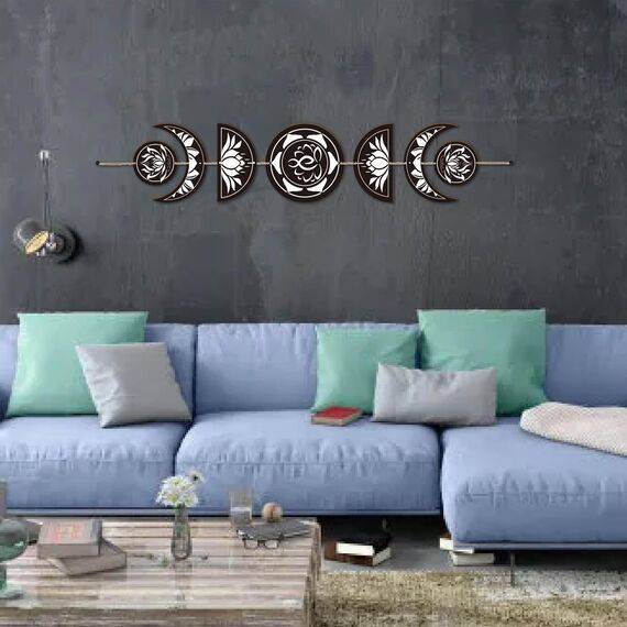 CREATCABIN 7-Teiliges Mondphasen-Wandbehang-Set Boho-Dekor Holzwandkunst Hexendekor Rustikales Schwarzes Holz Mond Moderne Kunst Wandschild Dekorativ Für Zuhause Yoga Wohnung Bar 72.5x16cm Lotus