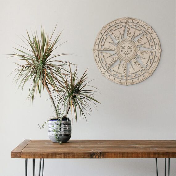 Vierte Ebene 30,5 cm Sonnenkompass Holz Wanddekoration Holzkunst Symbol Ideal für einen antiken, nautischen Look Ihr Zuhause, Wohnzimmer, Schlafzimmer, spirituelle Dekoration Yoga-Raum