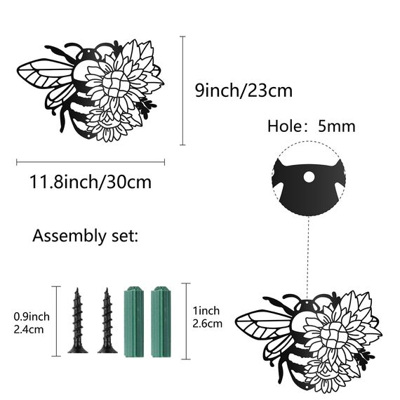 CREATCABIN Bienen Metall Wandkunst Dekor Sonnenblume Skulptur Wandbehang Dekoration Schild Eisen Umriss Wandkunst Schwarz Rustikales Dekor Ornament Wand Für Innen Außen Wohnzimmer Home Office 30x23cm