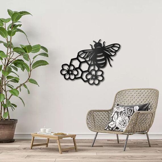 CREATCABIN Bienen Metall-Wandkunst-Dekor,Schwarzer Honig,Wandbehang,Ornament,Eisendraht,Wandkunst,Blumenskulptur,Dekoration,Schild,Minimalistische Wanddekoration Für Bauernhaus,Schlafzimmer,30x23cm