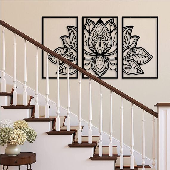 ESTART Großes Lotus-Blume-Metall-Wanddeko 3-teiliges Set, Religion Glaube Mandala Heimwanddekoration für Wohnzimmer chlafzimmer Büro und Yoga-Raum