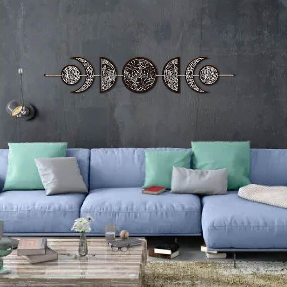 CREATCABIN 7 Stück Mondphasen-Wandbehang Boho-Dekor Holzwandkunst Hexendekor Rustikales Schwarzes Holz Bauernhausschild Dekorativ Für Galerie Ornament Wohnung Bar Wohnzimmer 6.3 x 37.1(1) cm (Blatt)