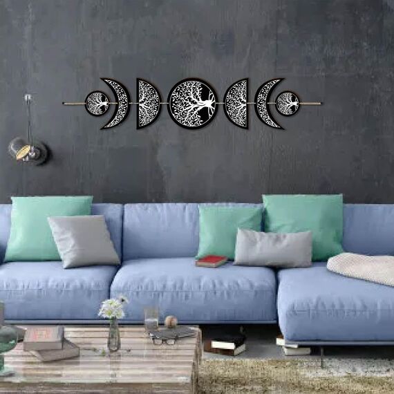 CREATCABIN 7pcs Fasi Lunari Appeso A Parete Boho Decor Arte Della Parete In Legno Decorazione Witchy Segni Del Ciclo Lunare In Legno Nero Gotico Moderno Segno Appeso Decorazione per 72.5x16cm