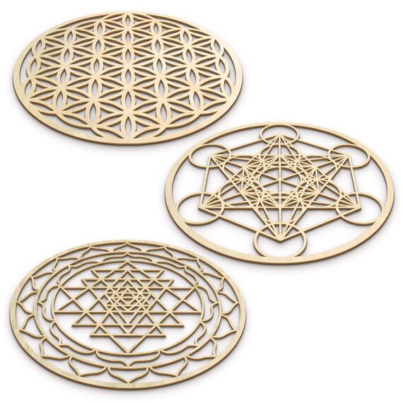 Fourth Level MFG 30,5 cm Heilige Geometrie Holz Wandkunst Set A (Blume des Lebens, Metatrons Würfel, Sri Yantra), Zen Home Decor für Yoga/Meditation, Wandbehang aus Holz, Skulpturen, Chakra-Kunstwerke