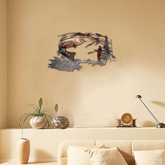 CREATCABIN Metall Wandkunst Garten Fisch Wandbehang Dekoration Tier Angeln Berge Bäume Flüsse Menschliches Handwerk Kunst Ornament Silhouetten Zuhause Für Indoor Outdoor Gartenzaun Dekor 12 x 8 Zoll