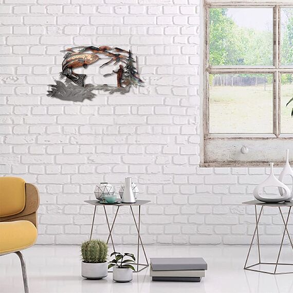 CREATCABIN Metall Wandkunst Garten Fisch Wandbehang Dekoration Tier Angeln Berge Bäume Flüsse Menschliches Handwerk Kunst Ornament Silhouetten Zuhause Für Indoor Outdoor Gartenzaun Dekor 12 x 8 Zoll