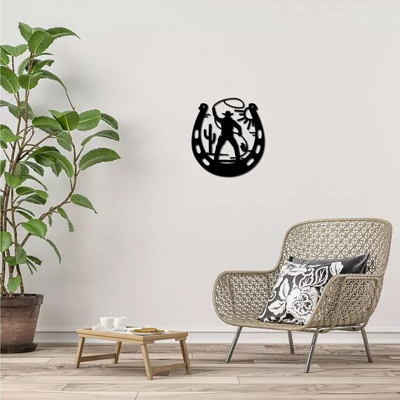 CREATCABIN Hufeisen-Wanddekoration Metall,Western-Cowboy-Wandkunst,Sonnen-Eisen-Wandschilder,Hängende Ornament-Skulptur Für Balkon,Garten,Zuhause,Wohnzimmer,Innendekoration,Mattes Rotguss,20x20cm