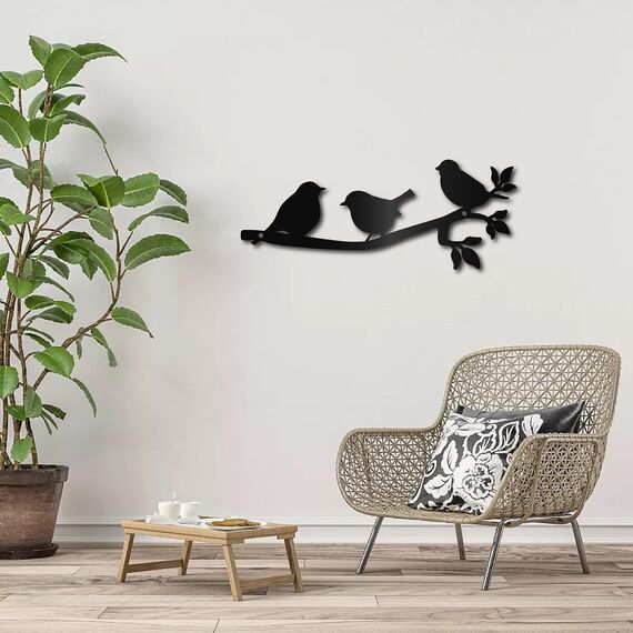 CREATCABIN Metallvögel,Wandkunst,Dekor,Vogelskulptur,Hängende Dekoration,Schild,Rustikales Schwarzes Wanddekor,Vögel Auf Dem AST,Metallornament Für Balkon,Außenbereich,Einweihungsgeschenk,30x12cm