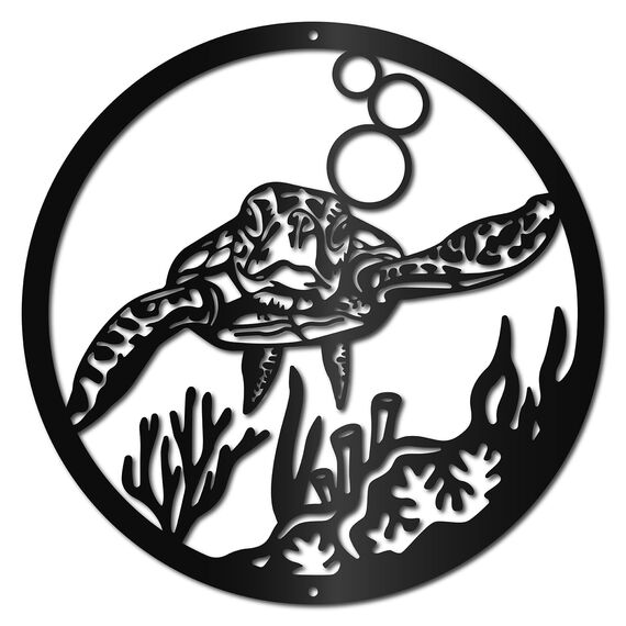 CREATCABIN Meeresschildkröte Metall-Wandkunst Ornament Ozean-Thema Wanddekoration Rund DIY-Dekorationen Wandbehang Skulptur Für Zuhause Badezimmer Drinnen Draußen Wohnzimmer Schlafzimmer Party 30x30cm