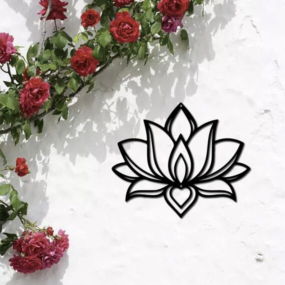 CREATCABIN Lotusblume,Metall-Wandkunst,Eisenblumen-Wanddekoration Aufhängen,Schwarz,Ausgehöhlte Lotus-Silhouette,Ornament,Eisenschild Für Yoga,Studio,Zuhause,Büro,Dekoration,Geschenk,Schwarz,30x25cm