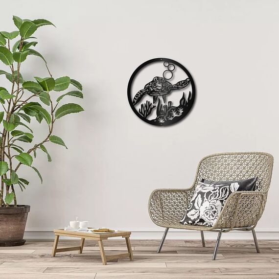 CREATCABIN Meeresschildkröte Metall-Wandkunst Ornament Ozean-Thema Wanddekoration Rund DIY-Dekorationen Wandbehang Skulptur Für Zuhause Badezimmer Drinnen Draußen Wohnzimmer Schlafzimmer Party 30x30cm