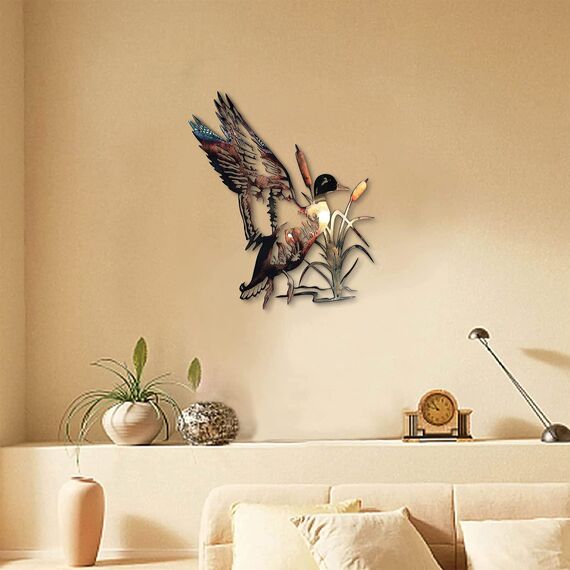 CREATCABIN Ente Metall Wandkunst Garten Stockente Reed Hund Wandbehang Dekoration Tier Handwerk Kunst Ornament Silhouetten Zuhause Für Indoor Outdoor Gartenzaun Dekor 10 x10 Zoll