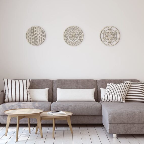 Fourth Level MFG 30,5 cm Heilige Geometrie Holz Wandkunst Set A (Blume des Lebens, Metatrons Würfel, Sri Yantra), Zen Home Decor für Yoga/Meditation, Wandbehang aus Holz, Skulpturen, Chakra-Kunstwerke