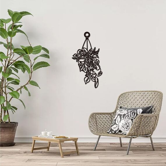 CREATCABIN Pflanze Aus Metall,Wandkunst,Blumenvase,Moderne Wanddekoration,Schwarzes Hängeschild,Eisen,Rustikale Dekorationen,Topfpflanze,Skulptur Für Bauernhaus,Zuhause,Büro,Garten,Wohnzimmer,20x10cm