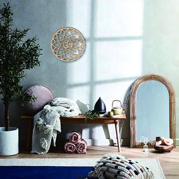 CREATCABIN 12inch Om Lotus Wanddekor Holzwandkunst Kristallgitter Heilige Geometrie Lasergeschnittene Wandskulptur Hängendes Dekor Für Einweihungsparty Home Office Yoga Studio Dekoration
