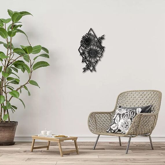 CREATCABIN Sonnenblumen-Wanddekoration Schwarzes Metall Wandkunst Blume Rustikales Schild Hängende Skulptur Für Zuhause Drinnen Draußen Bauernhaus Badezimmer Wohnzimmer Büro Garten Küche 30x18cm