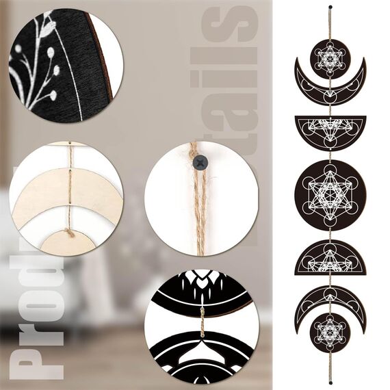 CREATCABIN 7 Stück Mondphasen-Wandbehang Boho-Dekor Holzwandkunst Hexendekor Rustikales Schwarzes Holz Bauernhausschild Dekorativ Für Schlafzimmer Yoga Apartment Bar Wohnzimmer 72.5x16cm Geometrisch