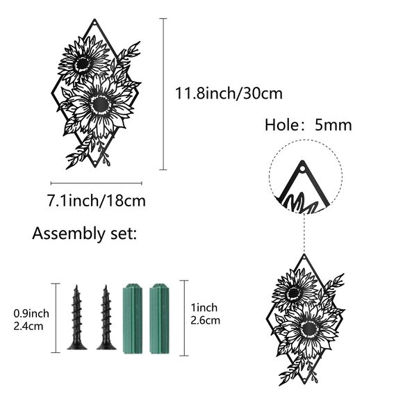 CREATCABIN Sonnenblumen-Wanddekoration Schwarzes Metall Wandkunst Blume Rustikales Schild Hängende Skulptur Für Zuhause Drinnen Draußen Bauernhaus Badezimmer Wohnzimmer Büro Garten Küche 30x18cm