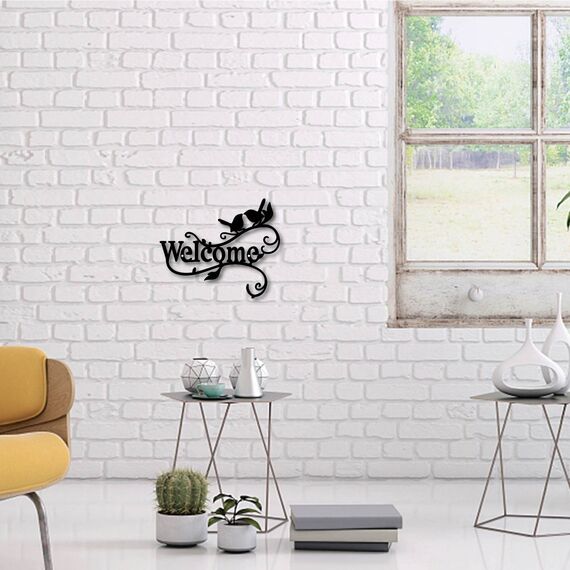 CREATCABIN Willkommens-Wandkunst Aus Metall Vögel Auf Zweig Dekoration Wandbehang Silhouette Skulptur Ornament Eisenschild Für Drinnen Und Draußen Zuhause Wohnzimmer Küche Garten Büro Dekoration