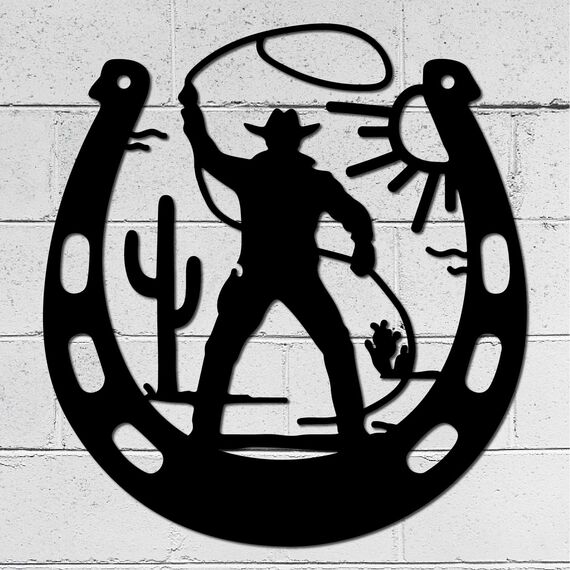 CREATCABIN Hufeisen-Wanddekoration Metall,Western-Cowboy-Wandkunst,Sonnen-Eisen-Wandschilder,Hängende Ornament-Skulptur Für Balkon,Garten,Zuhause,Wohnzimmer,Innendekoration,Mattes Rotguss,20x20cm
