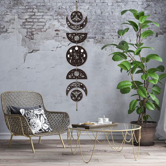 CREATCABIN 7 Stück Mondphasen-Wandbehang Boho-Dekor Holzwandkunst Hexendekor-Set Mit Baumwollfaden Schwarzer Mondzyklus Ästhetische Kunst Wandbehang Für Zuhause Bauernhaus 72.5x16cm Mondphase
