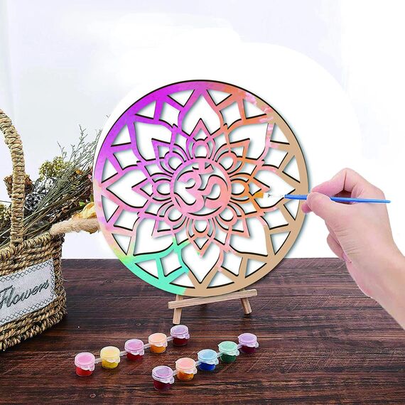 CREATCABIN 12inch Om Lotus Wanddekor Holzwandkunst Kristallgitter Heilige Geometrie Lasergeschnittene Wandskulptur Hängendes Dekor Für Einweihungsparty Home Office Yoga Studio Dekoration