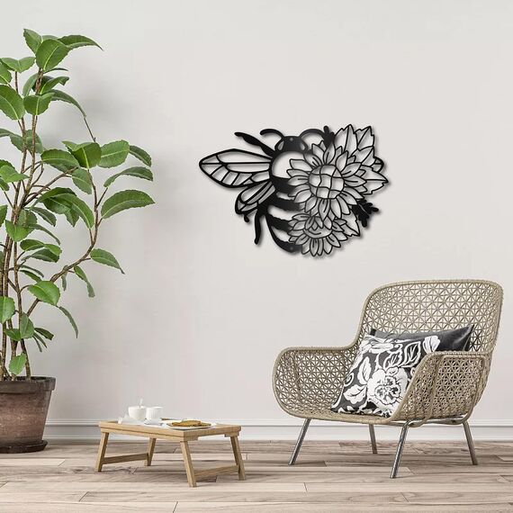 CREATCABIN Bienen Metall Wandkunst Dekor Sonnenblume Skulptur Wandbehang Dekoration Schild Eisen Umriss Wandkunst Schwarz Rustikales Dekor Ornament Wand Für Innen Außen Wohnzimmer Home Office 30x23cm