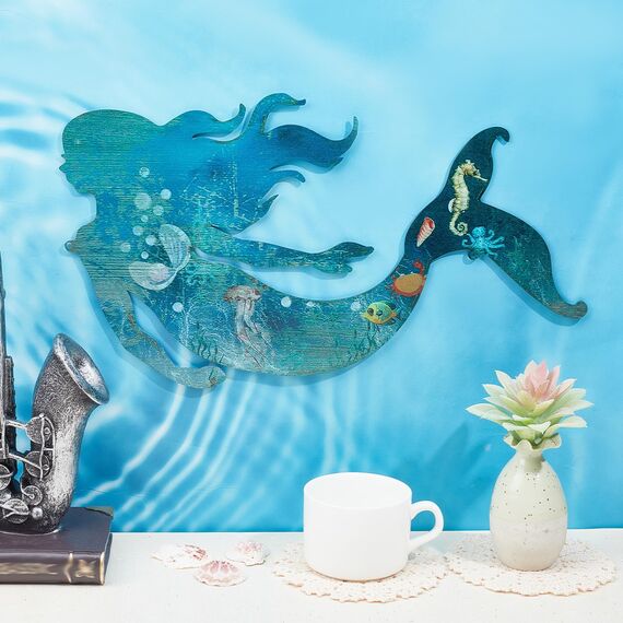 CREATCABIN Meerjungfrau Metall-Wanddekoration,Ozean-Wandkunst,Behänge,Eisendekorationen,Eisen,Lasergeschnitten,Für Drinnen Und Draußen,Schwimmbad,Café,Weihnachten, 38x21.5cm