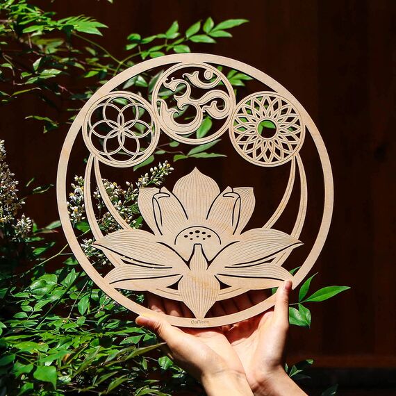 Qallicon Wanddekoration, Heiliger Lotus, 29.1 cm, Wanddekoration, Heilige Geometrie, Kristallgitter, Chakra, Holzkunst, Yoga, Wandkunst, Dekoration, Meditation, Zen, spirituelle Geschenke