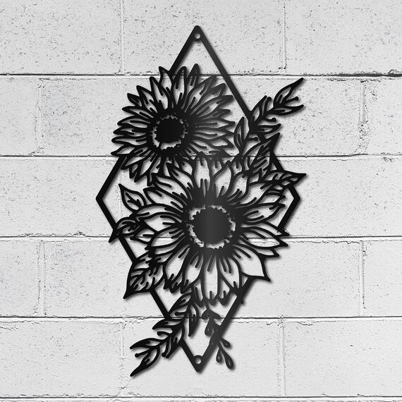 CREATCABIN Sonnenblumen-Wanddekoration Schwarzes Metall Wandkunst Blume Rustikales Schild Hängende Skulptur Für Zuhause Drinnen Draußen Bauernhaus Badezimmer Wohnzimmer Büro Garten Küche 30x18cm
