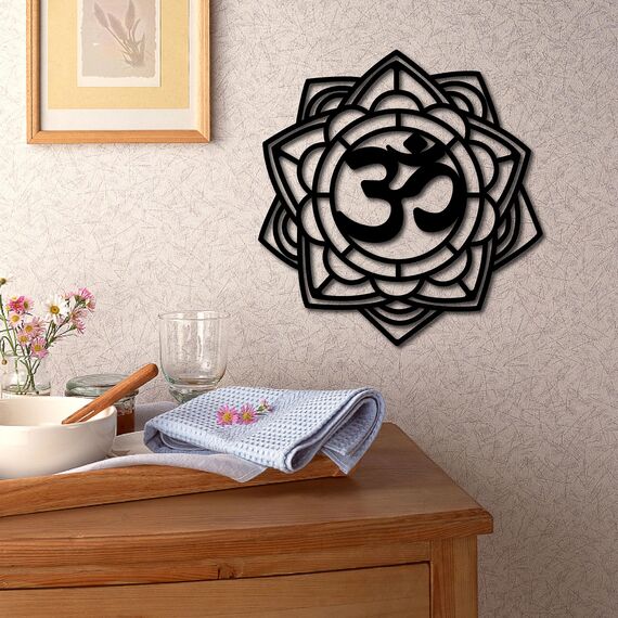 CREATCABIN Om Lotus Wanddekoration Holz,Wandkunst,Blume,Holzschild,Lasergeschnittene Lindenholz-Silhouette,Dekorative Hängeskulptur,Spirituelles Symbol,Malen,Basteln,DIY,Yoga,Studio,30x28.8cm