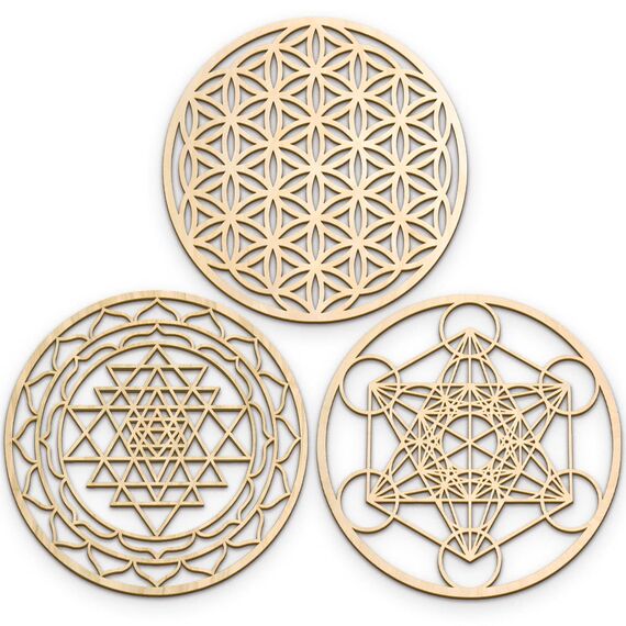 Fourth Level MFG 30,5 cm Heilige Geometrie Holz Wandkunst Set A (Blume des Lebens, Metatrons Würfel, Sri Yantra), Zen Home Decor für Yoga/Meditation, Wandbehang aus Holz, Skulpturen, Chakra-Kunstwerke