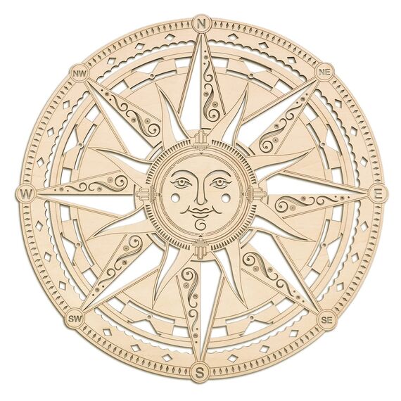 Vierte Ebene 30,5 cm Sonnenkompass Holz Wanddekoration Holzkunst Symbol Ideal für einen antiken, nautischen Look Ihr Zuhause, Wohnzimmer, Schlafzimmer, spirituelle Dekoration Yoga-Raum
