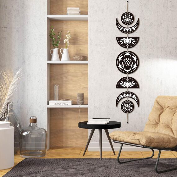 CREATCABIN 7-Teiliges Mondphasen-Wandbehang-Set Boho-Dekor Holzwandkunst Hexendekor Rustikales Schwarzes Holz Mond Moderne Kunst Wandschild Dekorativ Für Zuhause Yoga Wohnung Bar 72.5x16cm Lotus