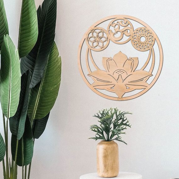 Qallicon Wanddekoration, Heiliger Lotus, 29.1 cm, Wanddekoration, Heilige Geometrie, Kristallgitter, Chakra, Holzkunst, Yoga, Wandkunst, Dekoration, Meditation, Zen, spirituelle Geschenke