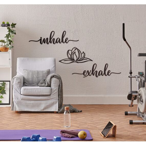 Vivegate Home Inhale Exhale Lotus Blume Metall Wanddekoration – 45,7 x 45,7 cm, schwarz, moderner Abstand, Ausatmen, Lotusblume, Metall-Wandschilder zum Aufhängen von Raumregal-Dekoration