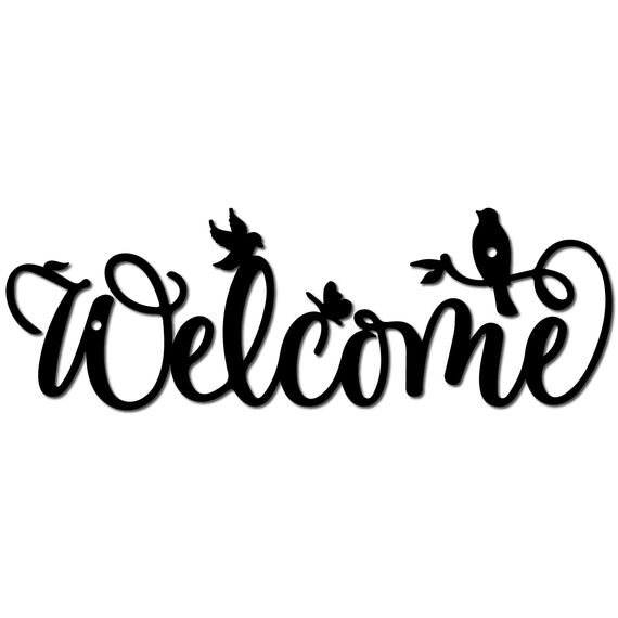 CREATCABIN Willkommen Metall-Wanddekoration,Schwarze Worte,Wandbehang,Dekor,Eisen-Wandkunst,Ausschnitt,Silhouette,Vögel Auf Zweigen,Skulptur,Dekoration,Schild,Ornament Für Yoga,Garten,Balkon,30x10cm