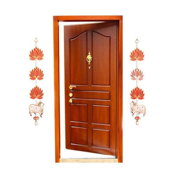 Divyakosh Handgefertigter Lotus mit roter Kuh und Jhumki-Stil zum Aufhängen für Ganpati-Dekor und Diwali-Dekoration, MDF-Blumen-Wandbehänge für Heimdekoration, Tempel, Haupttüreingang, 1 Paar, je 63,5