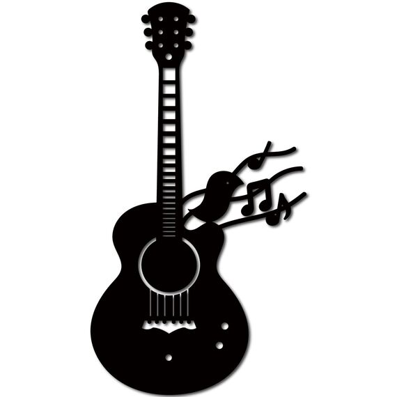 CREATCABIN Gitarrenvogel,Metall-Wandkunst,Eisen,Musik-Wanddekoration,Schwarze Musikinstrumente,Skulpturen,Silhouette,Ausgehöhlte Gitarre,Wandbehangschild Für Schlafzimmer,Zuhause,Büro,Küche,30x16.5cm
