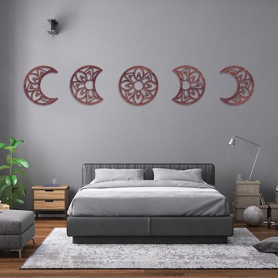 AHANDMAKER 5 Stück Mondphasen-Wanddekoration, Holzmondphase, böhmische Wandkunst Dekor für Wohnzimmer, Blumen-Mondphasen-Wandbehang, Schlafzimmer-Dekor, Heimwanddekoration, mit Blumenmuster,