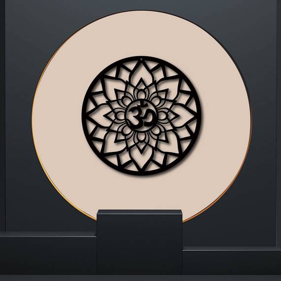 CREATCABIN Om Aum Lotus Holz-Wanddekoration Lasergeschnittenes Holzschild Kunst Kristallgitter Heilige Spirituelles Symbol Rund Linde Dekorativ Aufhängen Für Tür Yoga Studio Zuhause Schwarz 30x30cm