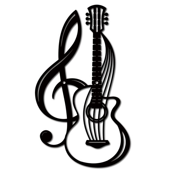 CREATCABIN Metall-Wandkunst Dekor Musikinstrumente Schwarze Wandschilder Gitarre Eisen Hängende Metallornament-Skulptur Für Balkon Garten Zuhause Wohnzimmer Innenbereich Geschenke 30x17.5cm